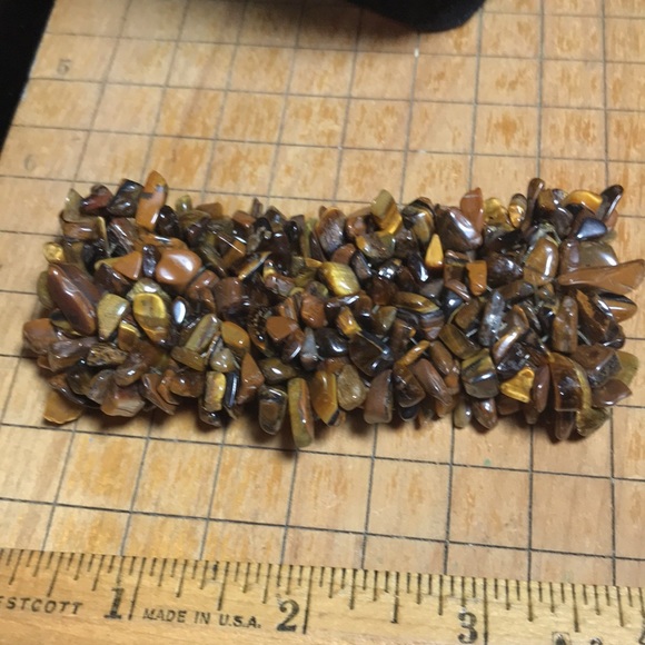 Semiprecious Tigers Eye Stone Crystal Wide 1.5” Band Bracelet 7”L Elastic EVC - Picture 9 of 10
